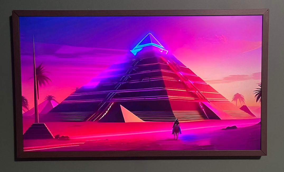 Cyberpunk pyramid scene in Egypt, neon lights, futuristic, painted