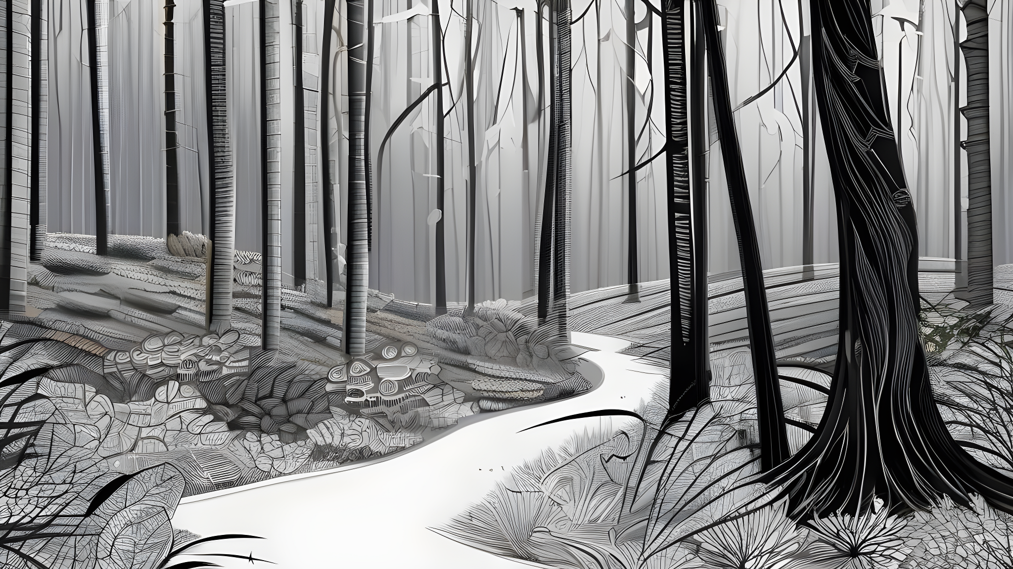 Black and white forest drawing