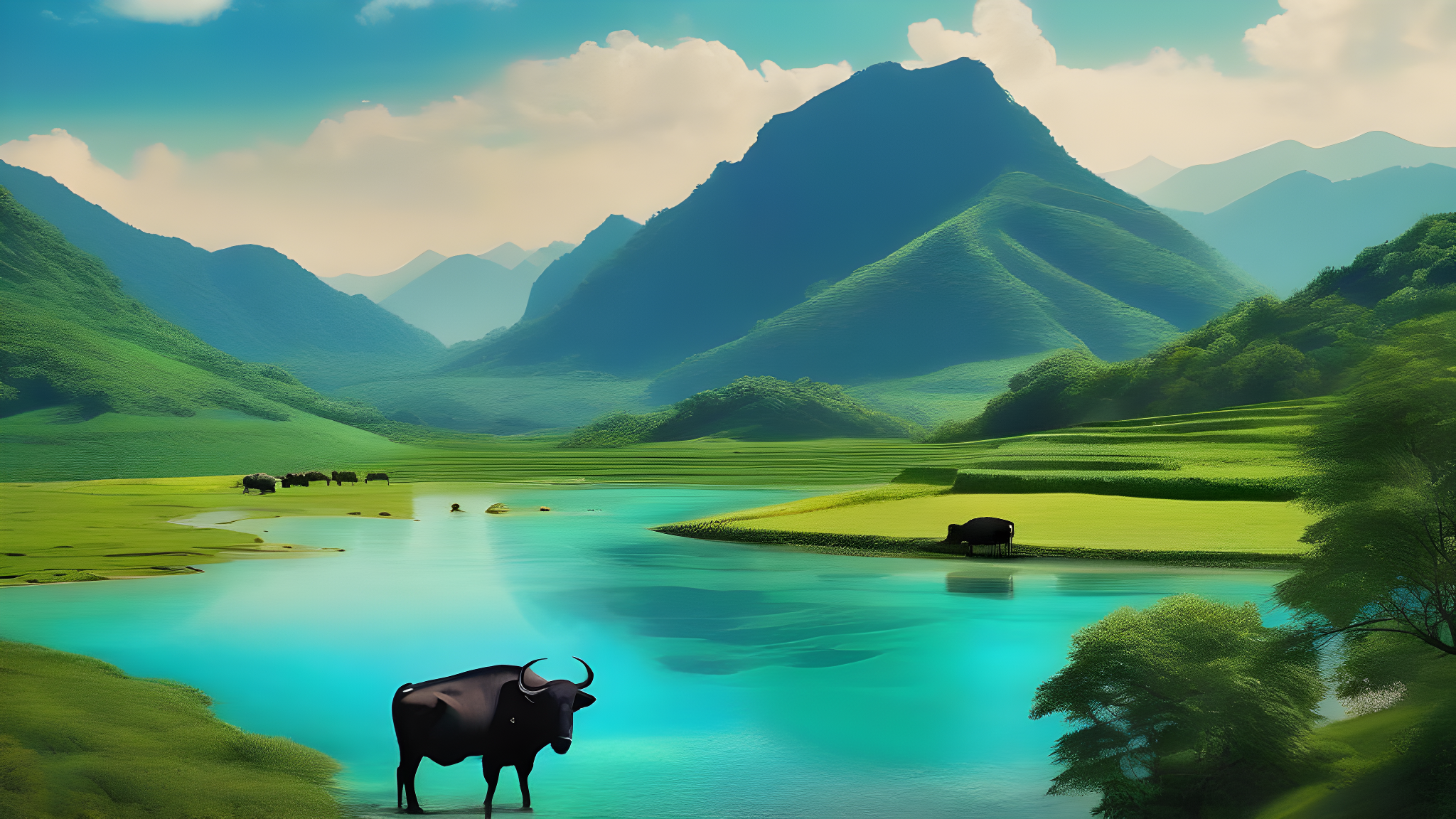 Buffalo, lake, mountains, water color