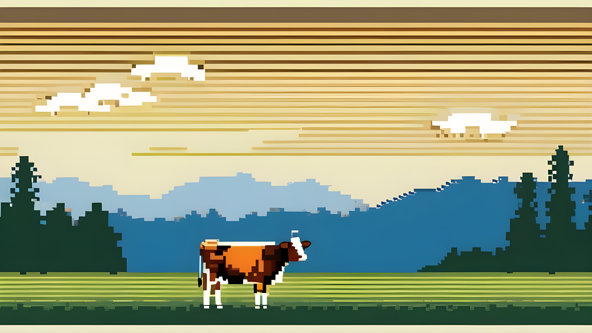 Cow in field, pixel art, 8bit